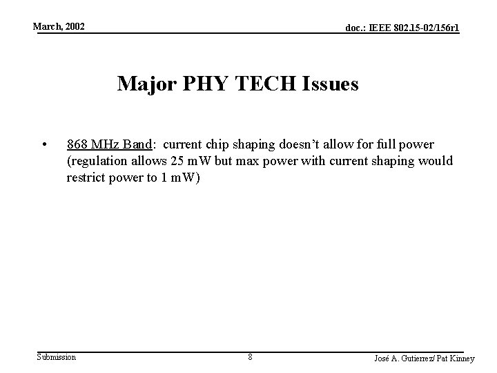 March, 2002 doc. : IEEE 802. 15 -02/156 r 1 Major PHY TECH Issues