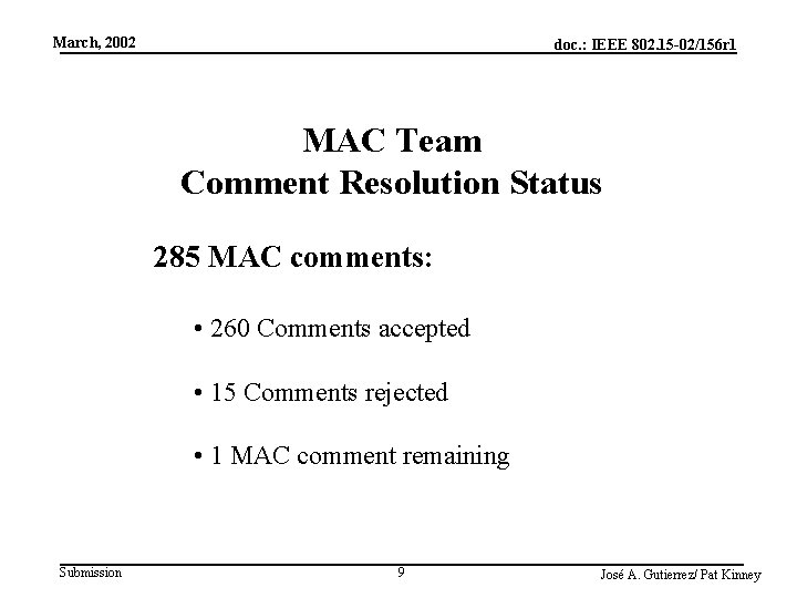 March, 2002 doc. : IEEE 802. 15 -02/156 r 1 MAC Team Comment Resolution