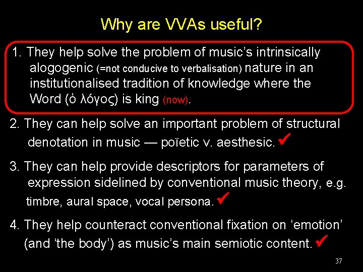 Why are VVAs useful? 1. They help solve the problem of music’s intrinsically alogogenic