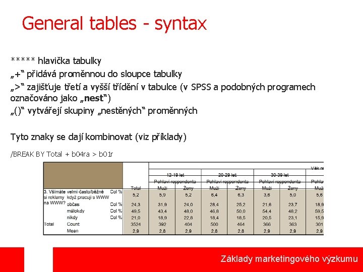 General tables - syntax ***** hlavička tabulky „+“ přidává proměnnou do sloupce tabulky „>“