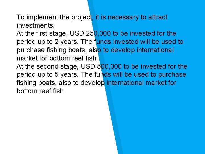To implement the project, it is necessary to attract investments. At the first stage,