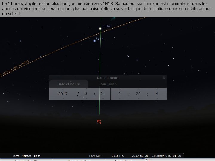 Le 21 mars, Jupiter est au plus haut, au méridien vers 2 H 28.