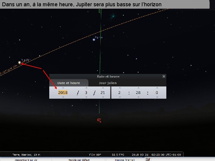 Dans un an, à la même heure, Jupiter sera plus basse sur l’horizon 