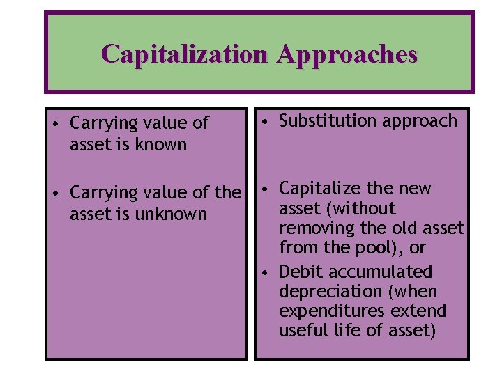 Capitalization Approaches • Carrying value of asset is known • Substitution approach • Carrying