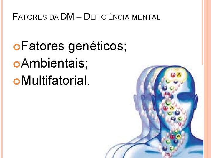 FATORES DA DM – DEFICIÊNCIA MENTAL Fatores genéticos; Ambientais; Multifatorial. 