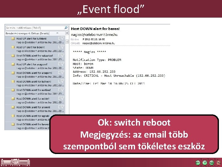 „Event flood” Ok: switch reboot Megjegyzés: az email több szempontból sem tökéletes eszköz 