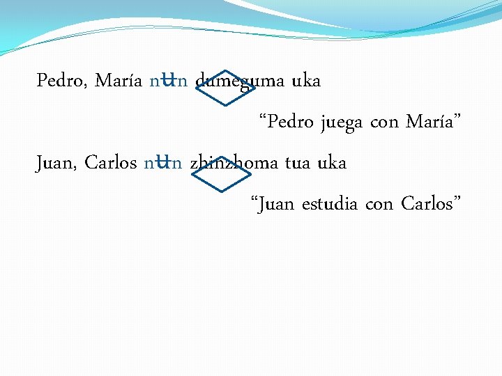 Pedro, María nʉn dumeguma uka “Pedro juega con María” Juan, Carlos nʉn zhinzhoma tua