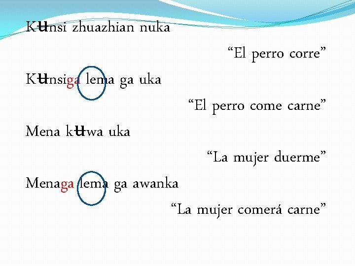 Kʉnsi zhuazhian nuka Kʉnsiga lema ga uka Mena kʉwa uka “El perro corre” “El