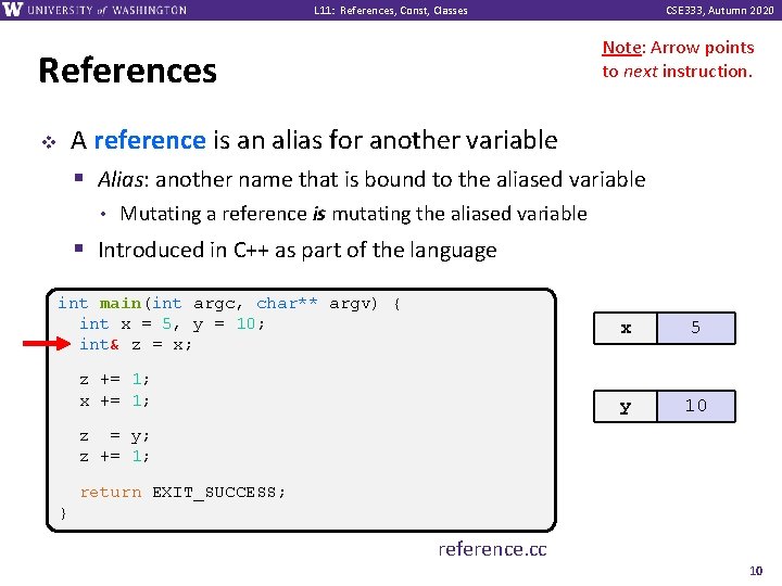 L 11: References, Const, Classes CSE 333, Autumn 2020 Note: Arrow points to next