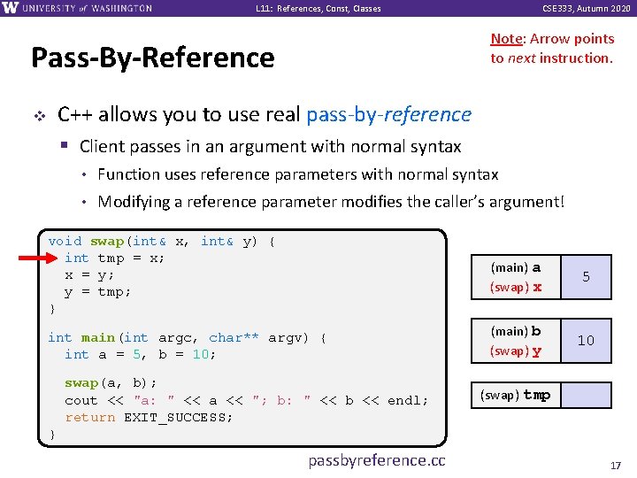 L 11: References, Const, Classes CSE 333, Autumn 2020 Note: Arrow points to next