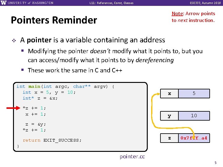 L 11: References, Const, Classes CSE 333, Autumn 2020 Note: Arrow points to next