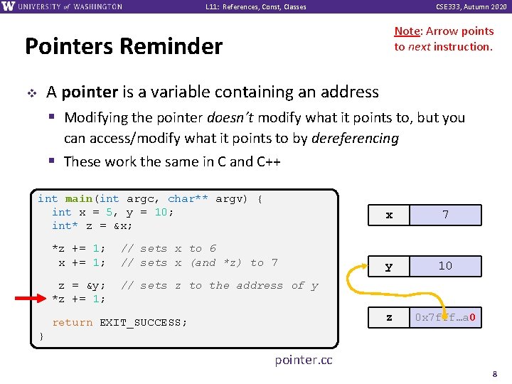 L 11: References, Const, Classes CSE 333, Autumn 2020 Note: Arrow points to next
