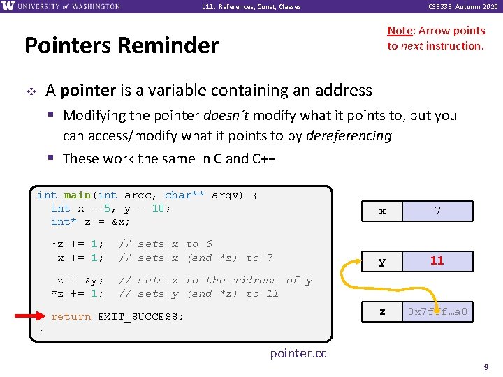 L 11: References, Const, Classes CSE 333, Autumn 2020 Note: Arrow points to next