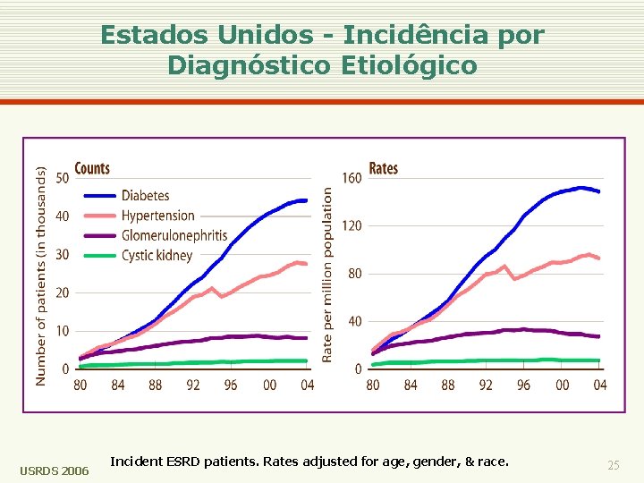 Estados Unidos - Incidência por Diagnóstico Etiológico USRDS 2006 Incident ESRD patients. Rates adjusted