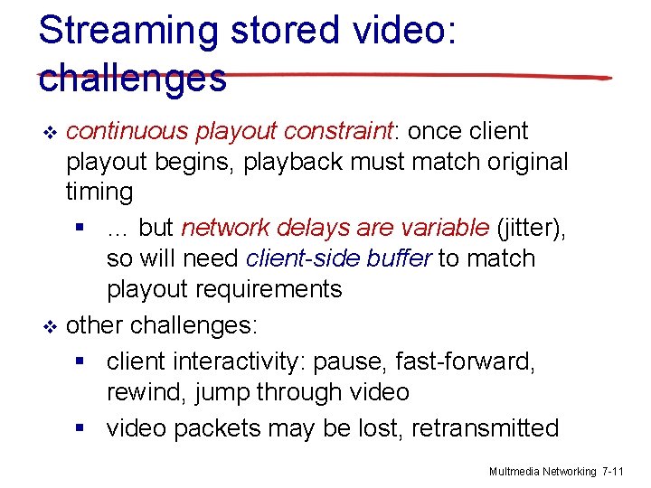 Streaming stored video: challenges continuous playout constraint: once client playout begins, playback must match