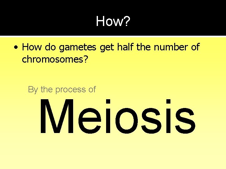 How? • How do gametes get half the number of chromosomes? By the process