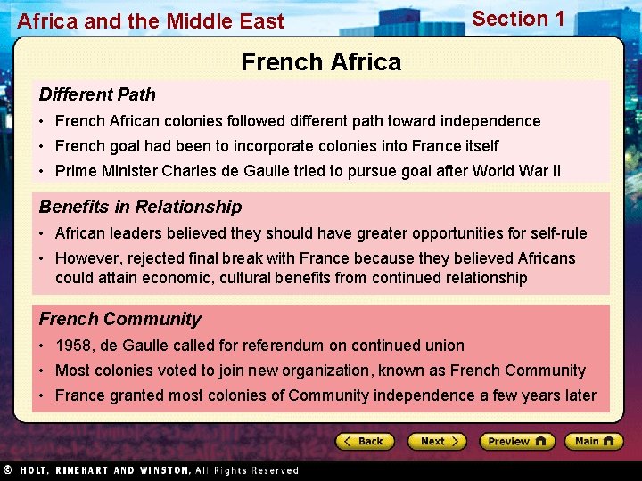 Africa and the Middle East Section 1 French Africa Different Path • French African