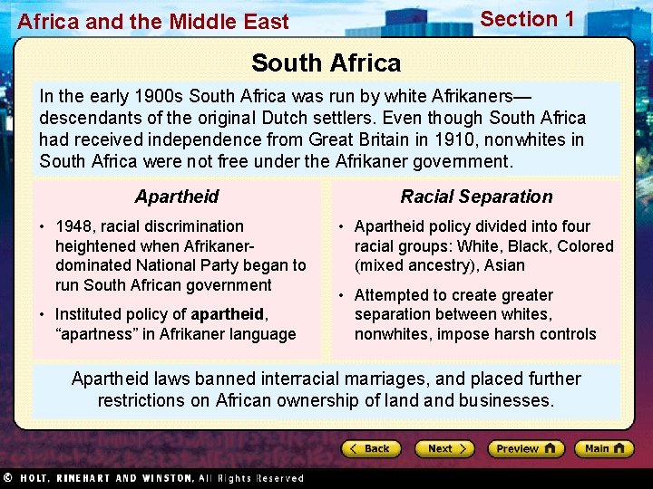 Section 1 Africa and the Middle East South Africa In the early 1900 s