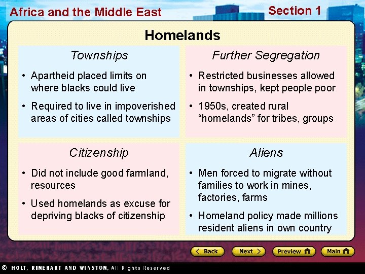 Section 1 Africa and the Middle East Homelands Townships Further Segregation • Apartheid placed