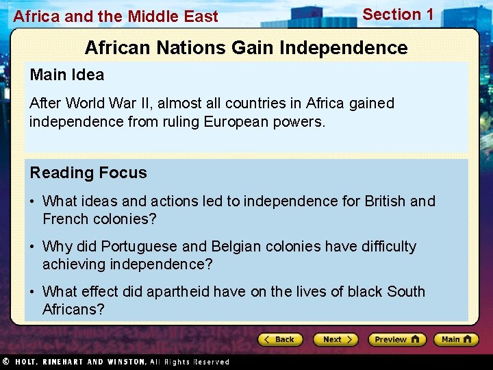 Africa and the Middle East Section 1 African Nations Gain Independence Main Idea After