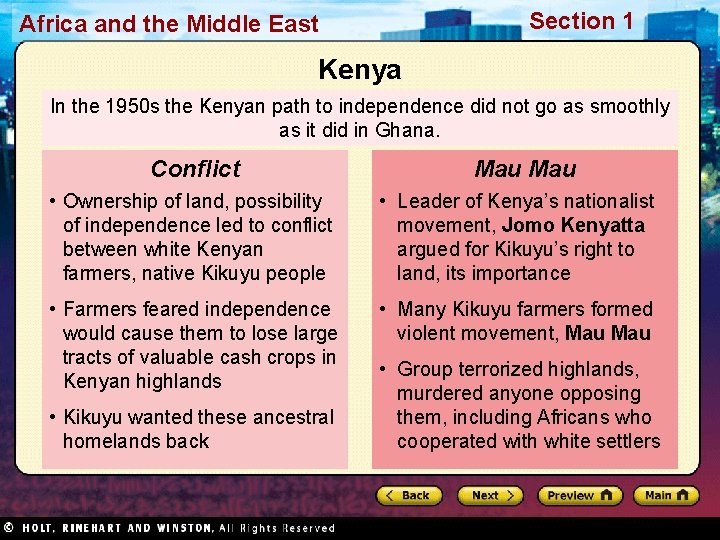 Section 1 Africa and the Middle East Kenya In the 1950 s the Kenyan