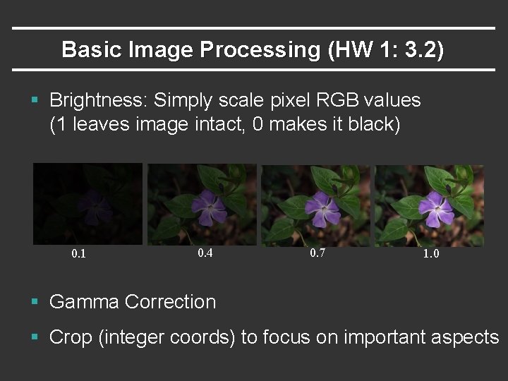 Basic Image Processing (HW 1: 3. 2) § Brightness: Simply scale pixel RGB values