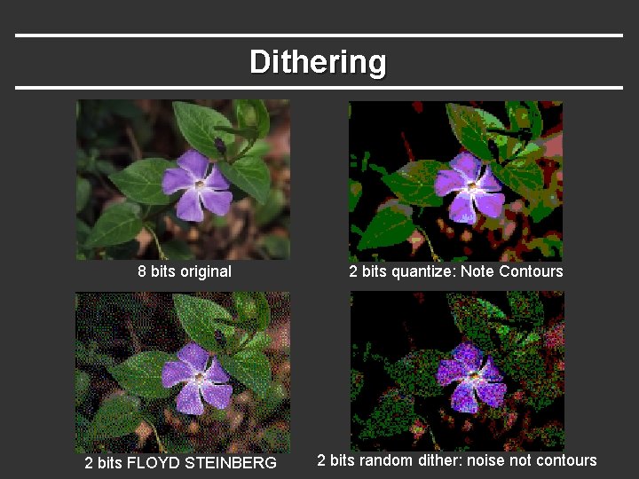 Dithering 8 bits original 2 bits quantize: Note Contours 2 bits FLOYD STEINBERG 2