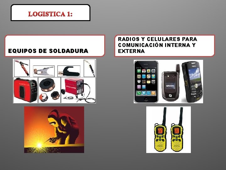 LOGISTICA 1: EQUIPOS DE SOLDADURA RADIOS Y CELULARES PARA COMUNICACIÓN INTERNA Y EXTERNA 