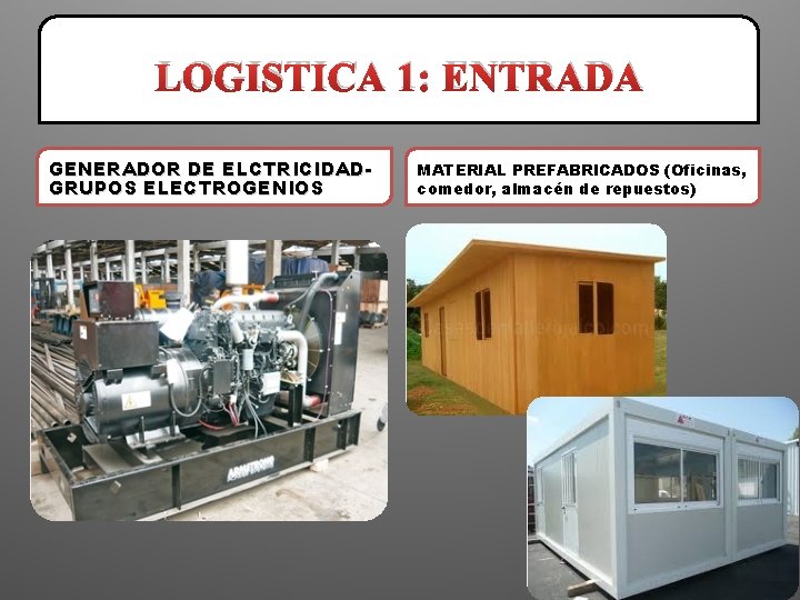 LOGISTICA 1: ENTRADA GENERADOR DE ELCTRICIDADGRUPOS ELECTROGENIOS MATERIAL PREFABRICADOS (Oficinas, comedor, almacén de repuestos)