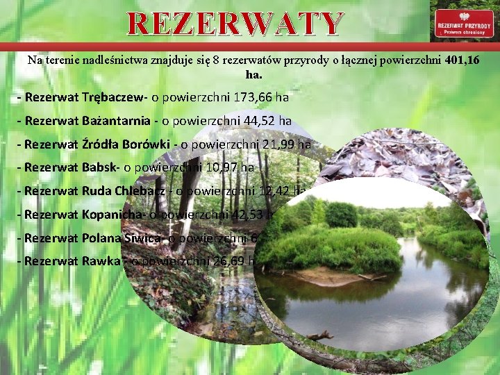 REZERWATY Na terenie nadleśnictwa znajduje się 8 rezerwatów przyrody o łącznej powierzchni 401, 16