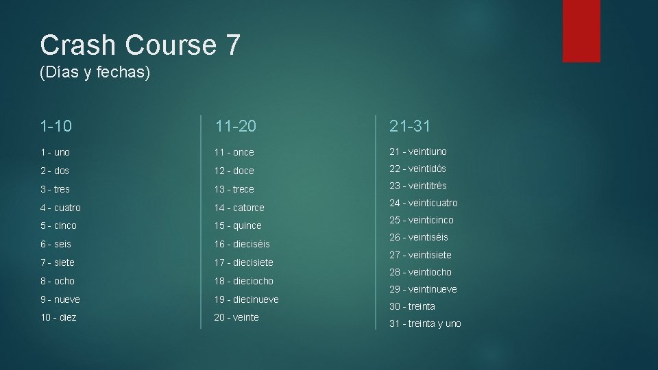 Crash Course 7 (Días y fechas) 1 -10 11 -20 21 -31 1 -