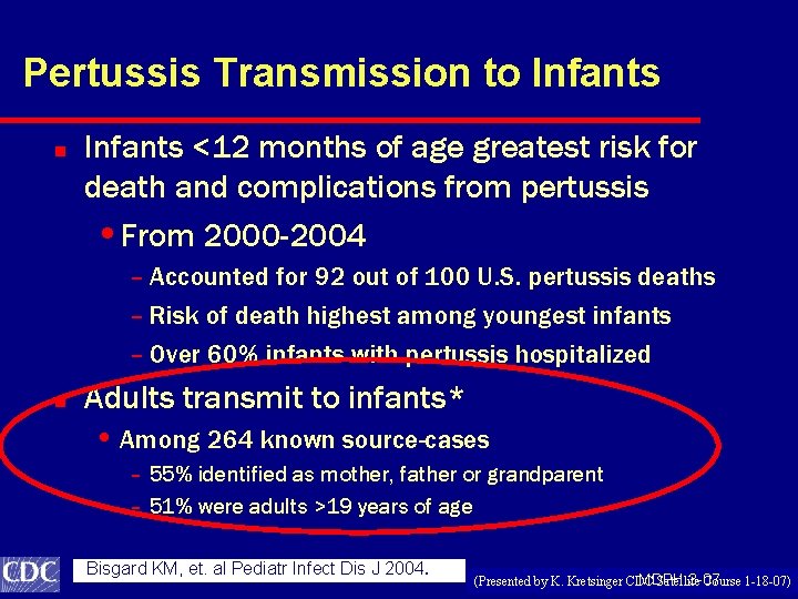 Pertussis Transmission to Infants n Infants <12 months of age greatest risk for death