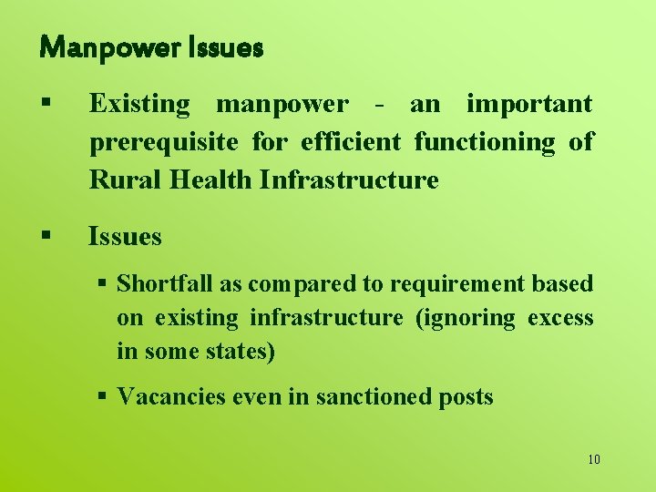 Manpower Issues § Existing manpower - an important prerequisite for efficient functioning of Rural