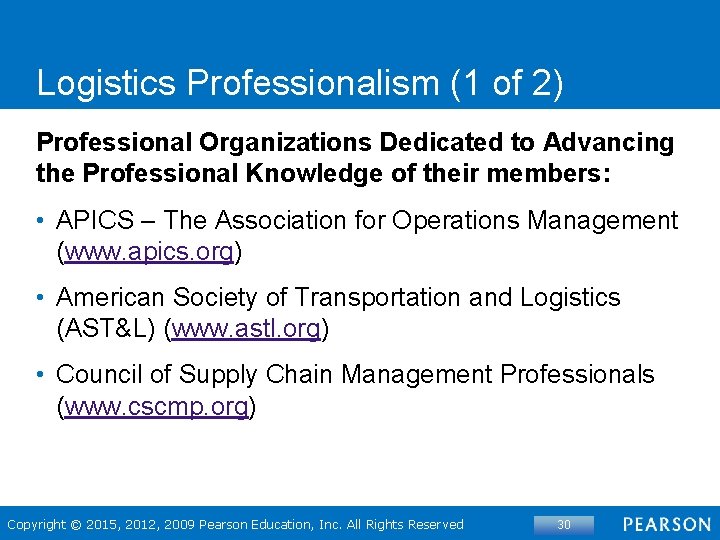 Logistics Professionalism (1 of 2) Professional Organizations Dedicated to Advancing the Professional Knowledge of