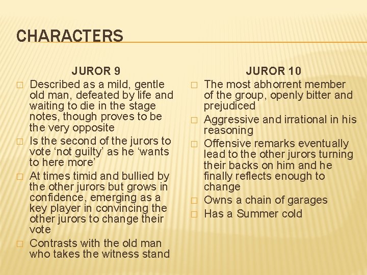 CHARACTERS � � JUROR 9 Described as a mild, gentle old man, defeated by