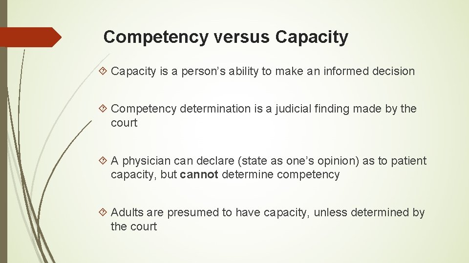 Competency versus Capacity is a person’s ability to make an informed decision Competency determination