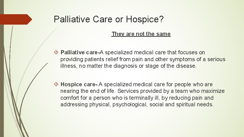 Palliative Care or Hospice? They are not the same Palliative care-A specialized medical care