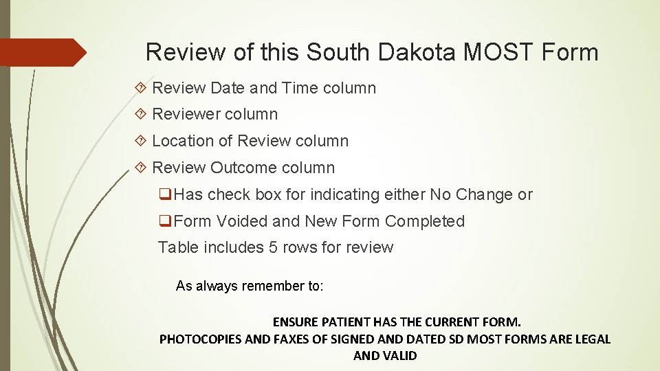 Review of this South Dakota MOST Form Review Date and Time column Reviewer column