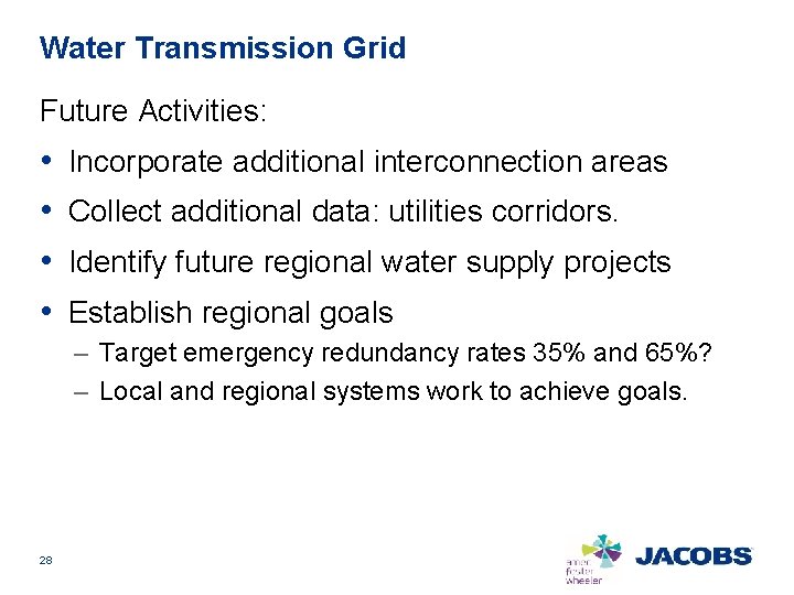 Water Transmission Grid Future Activities: • • Incorporate additional interconnection areas Collect additional data: