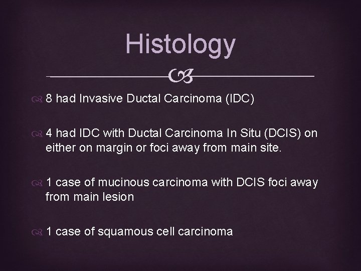 Histology 8 had Invasive Ductal Carcinoma (IDC) 4 had IDC with Ductal Carcinoma In