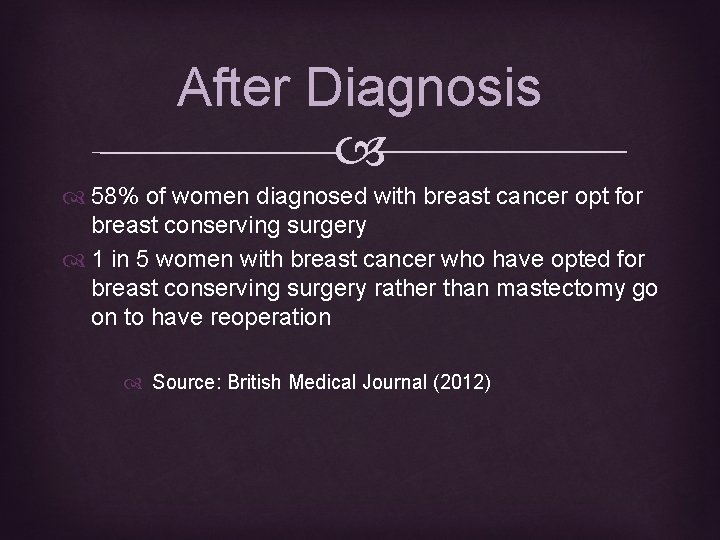 After Diagnosis 58% of women diagnosed with breast cancer opt for breast conserving surgery