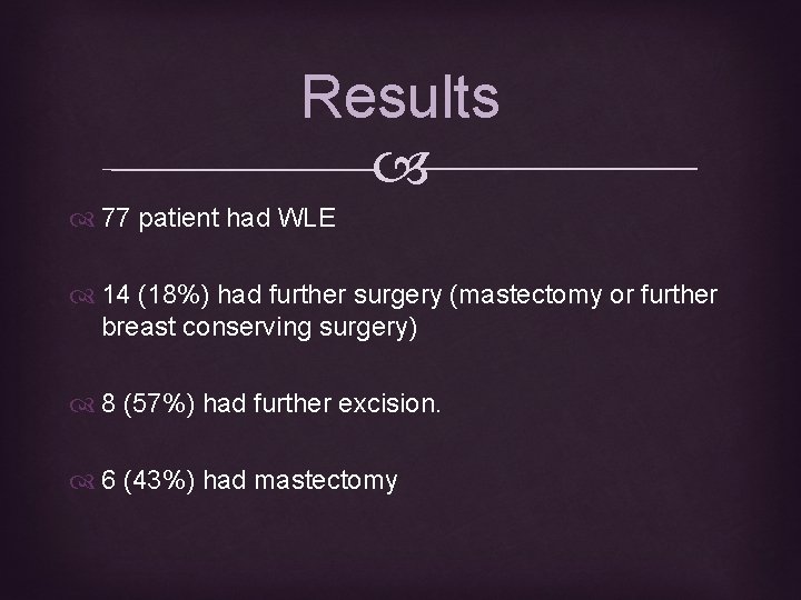 Results 77 patient had WLE 14 (18%) had further surgery (mastectomy or further breast