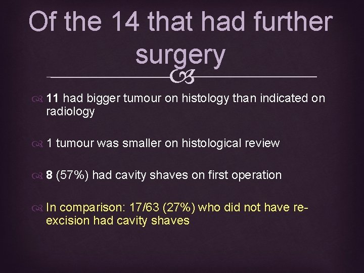 Of the 14 that had further surgery 11 had bigger tumour on histology than