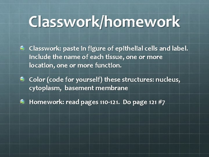 Classwork/homework Classwork: paste in figure of epithelial cells and label. Include the name of