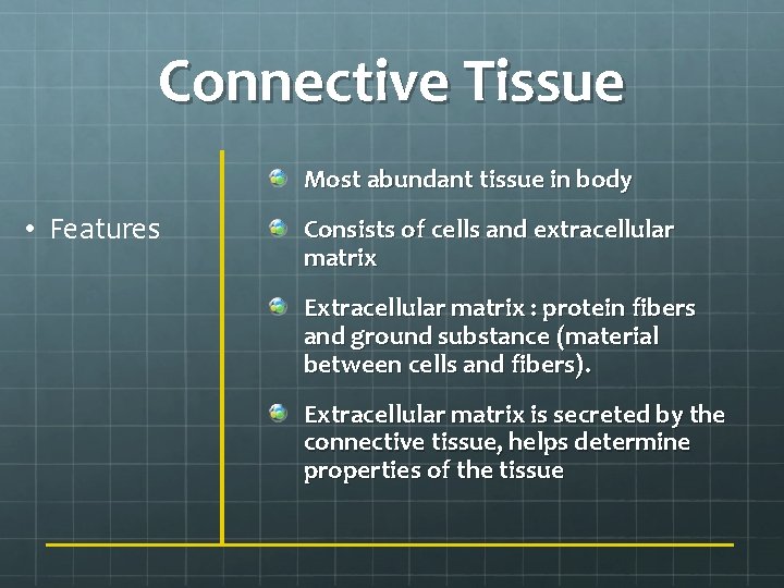 Connective Tissue Most abundant tissue in body • Features Consists of cells and extracellular