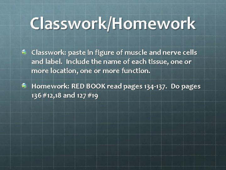 Classwork/Homework Classwork: paste in figure of muscle and nerve cells and label. Include the