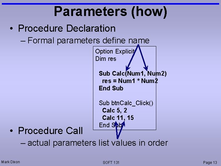 Parameters (how) • Procedure Declaration – Formal parameters define name Option Explicit Dim res