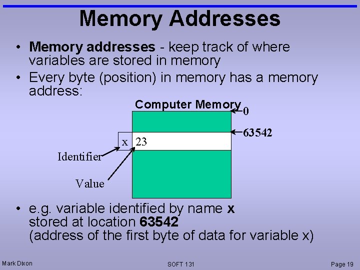 Memory Addresses • Memory addresses - keep track of where variables are stored in