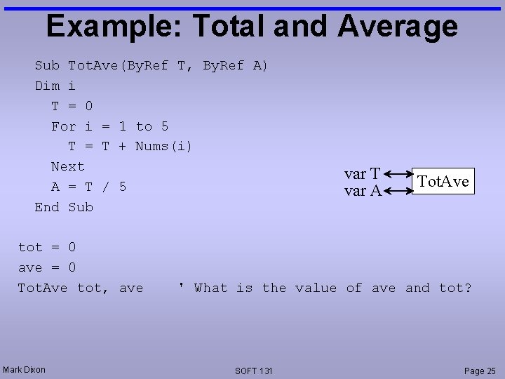 Example: Total and Average Sub Tot. Ave(By. Ref T, By. Ref A) Dim i