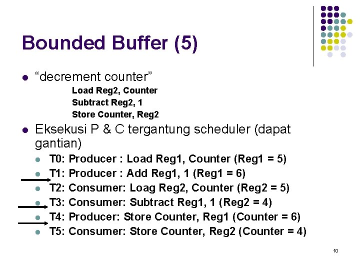 Bounded Buffer (5) l “decrement counter” Load Reg 2, Counter Subtract Reg 2, 1